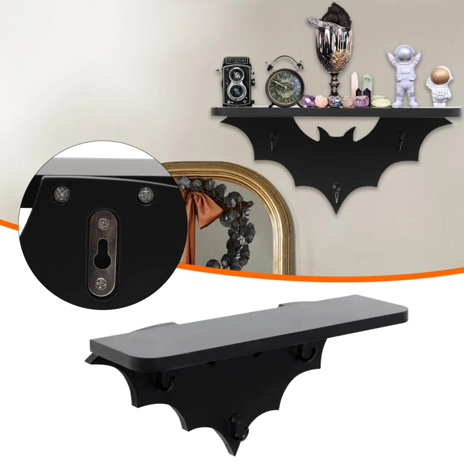 Halloween Black Bat Shelves Floating Wall Decor With Key Hooks For Halloween Household Pendant Goth-Themed Storage Shelves