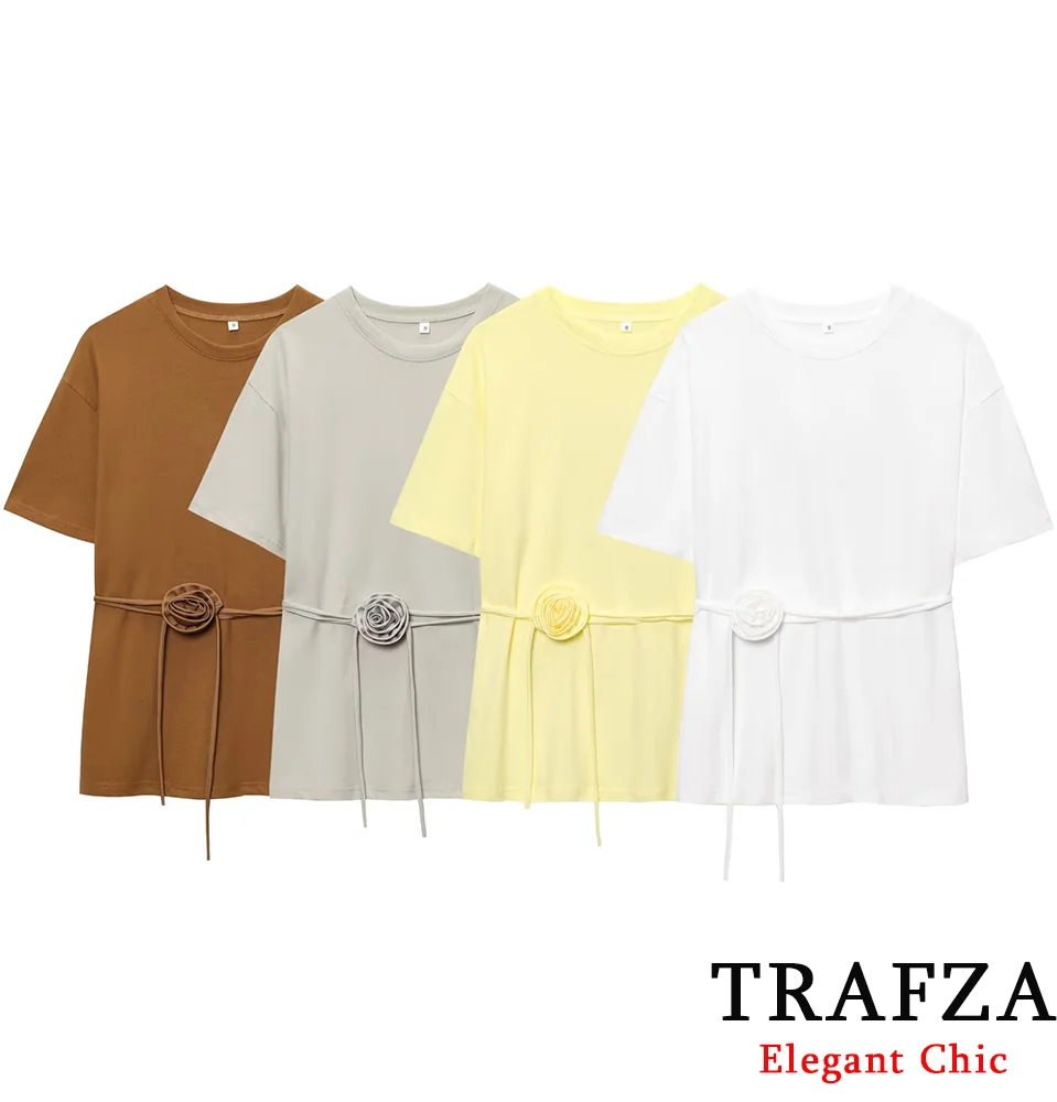 

TRAFZA Casual Chic T-Shirts Women's Loose Three-Dimensional Flower Lace-up T-shirt 2025 Summer Fashion High Street Y2K T-Shirts