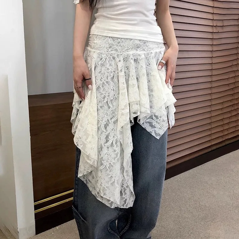 

Romantic Pure Desire Sexy Lace Splice Asymmetrical Wave f Skirt Pleated A-Line Skirt Korean Sle Commute