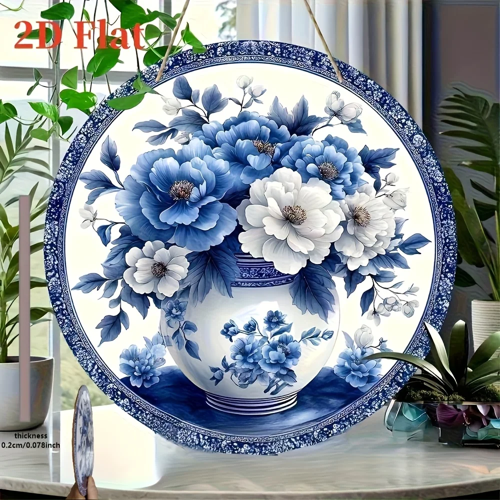 2D Flat, 2D Flat Blue and White Porcelain Plate Theme Wall Decor, 8.0x8.0 Inches Round Wooden Design with 2D Visual Effect, Suit