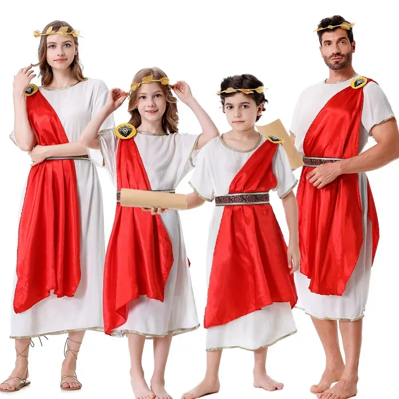 Ancient Rome Warrior Cosplay Robe 4-Piece Parent-Child Halloween Party Dress Up Adult & Kids Ancient Greek King Goddess Dress