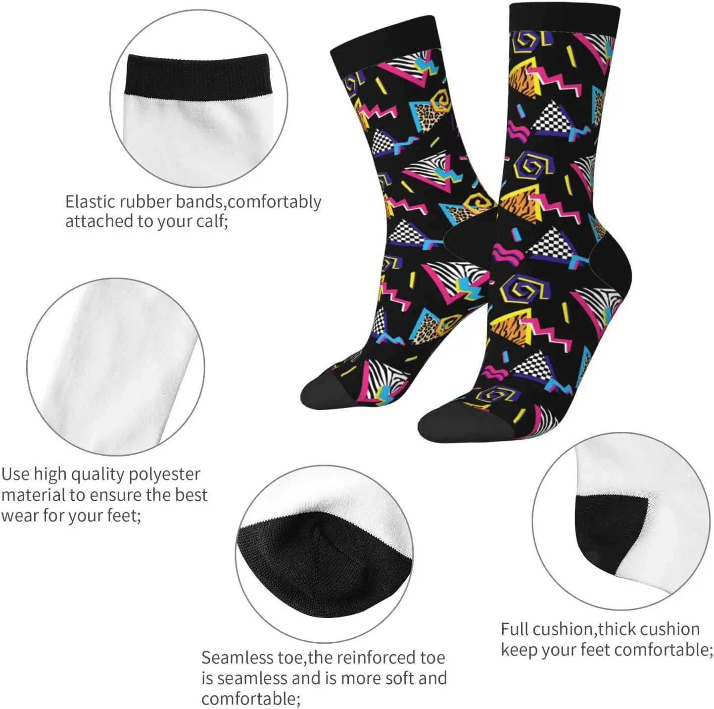 레트로 기하학적 패턴 크루 양말! 컬러풀한 80년대 영감을 받은 디자인. 부드럽고 패셔너블하며, 트렌드세터들에게 적합합니다.