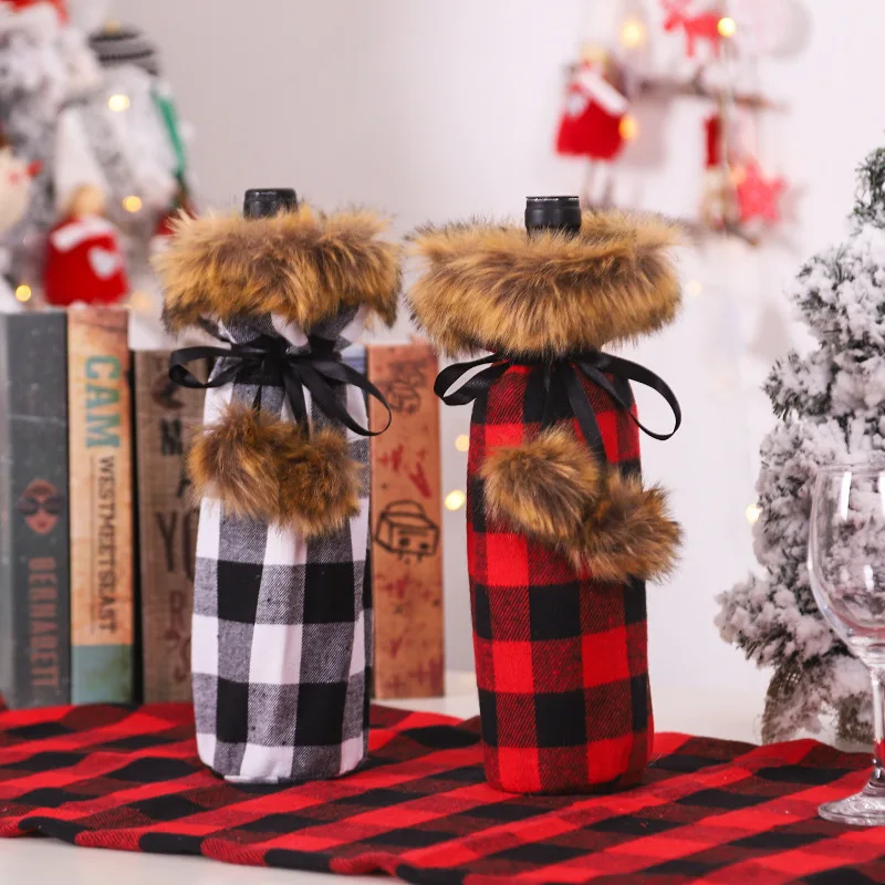 Christmas Buffalo Plaid Wine Bottle Covers Holiday Holder With Faux Collar Angled Glasses Bride Champagne Flute