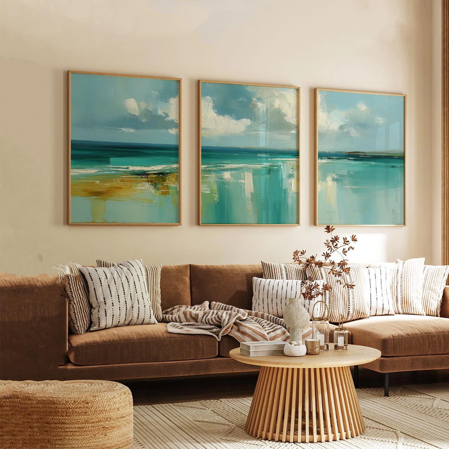 Modern Abstract Coastal Canvas Prints Set Teal Blue Sea Beach Landscape Impasto Wall Art Aesthetic Ocean Poster for Home Decor