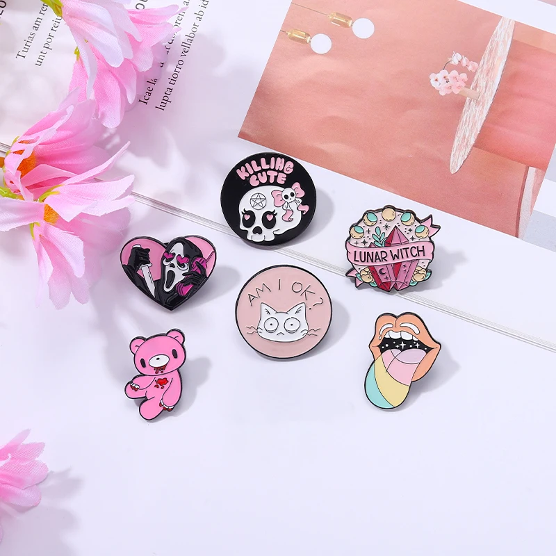 Pink Punk Enamel Pins Custom Witch Bear Tongue Ghost Call Brooches Lapel Badges Gothic Halloween Jewelry Gift for Friends