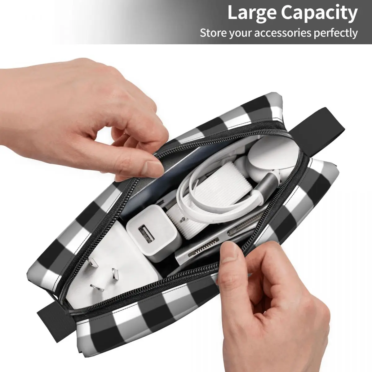 Black White Gingham Plaid Makeup Bag Women Travel Cosmetic Organizer Kawaii Check Pattern Storage Toiletry Bags