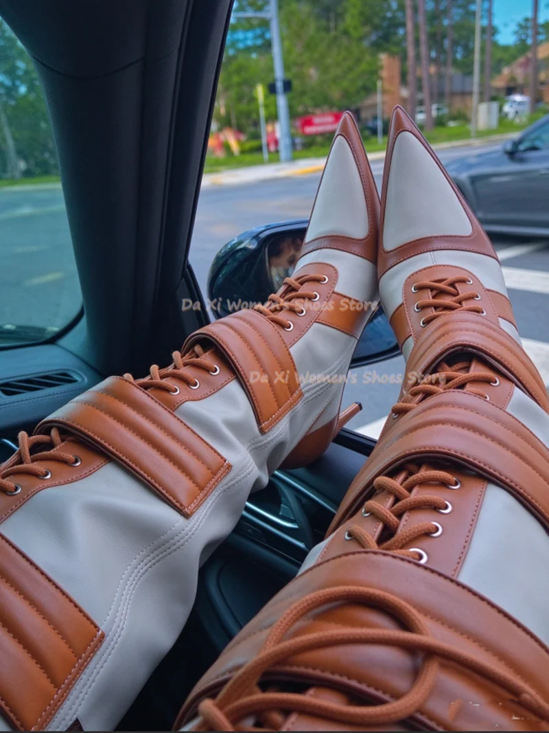 Brown Color Blocking Multiple Broadband Lace-up Design Brown Knee-High Boots Pointed Tip  Stiletto Heels West Style Winter Boots