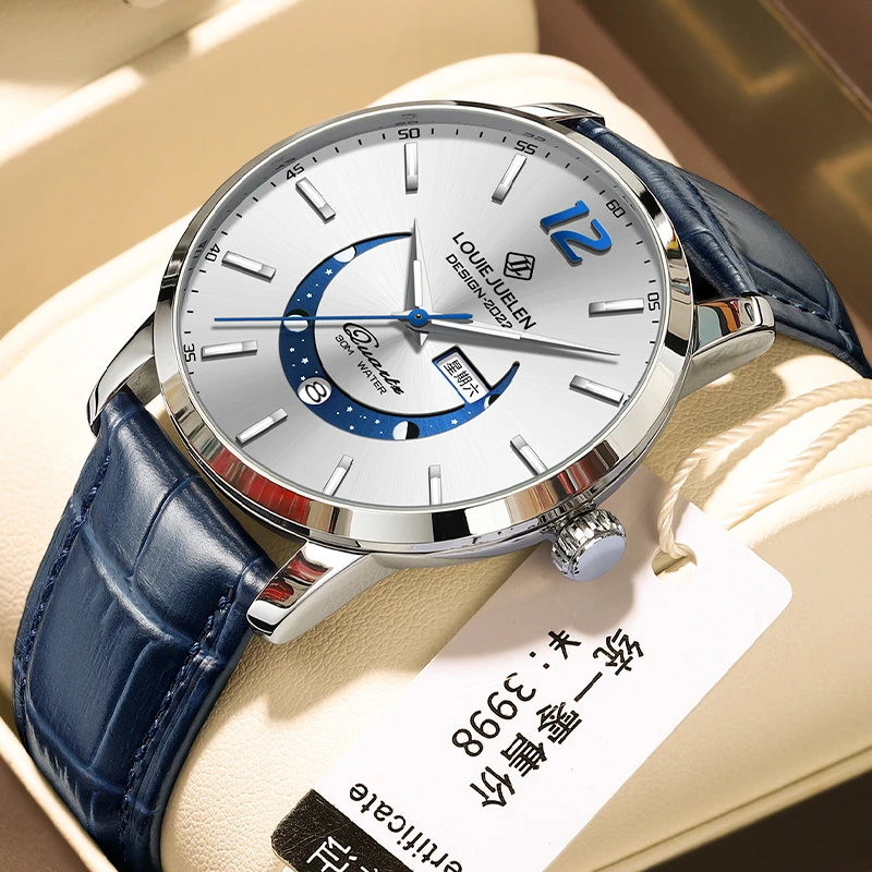 

Men's Watches Top Quality Leather Band Wristwatch Fashion Moon Phase Luminous Clock Male Quartz Watch for Men Relogio Masculino