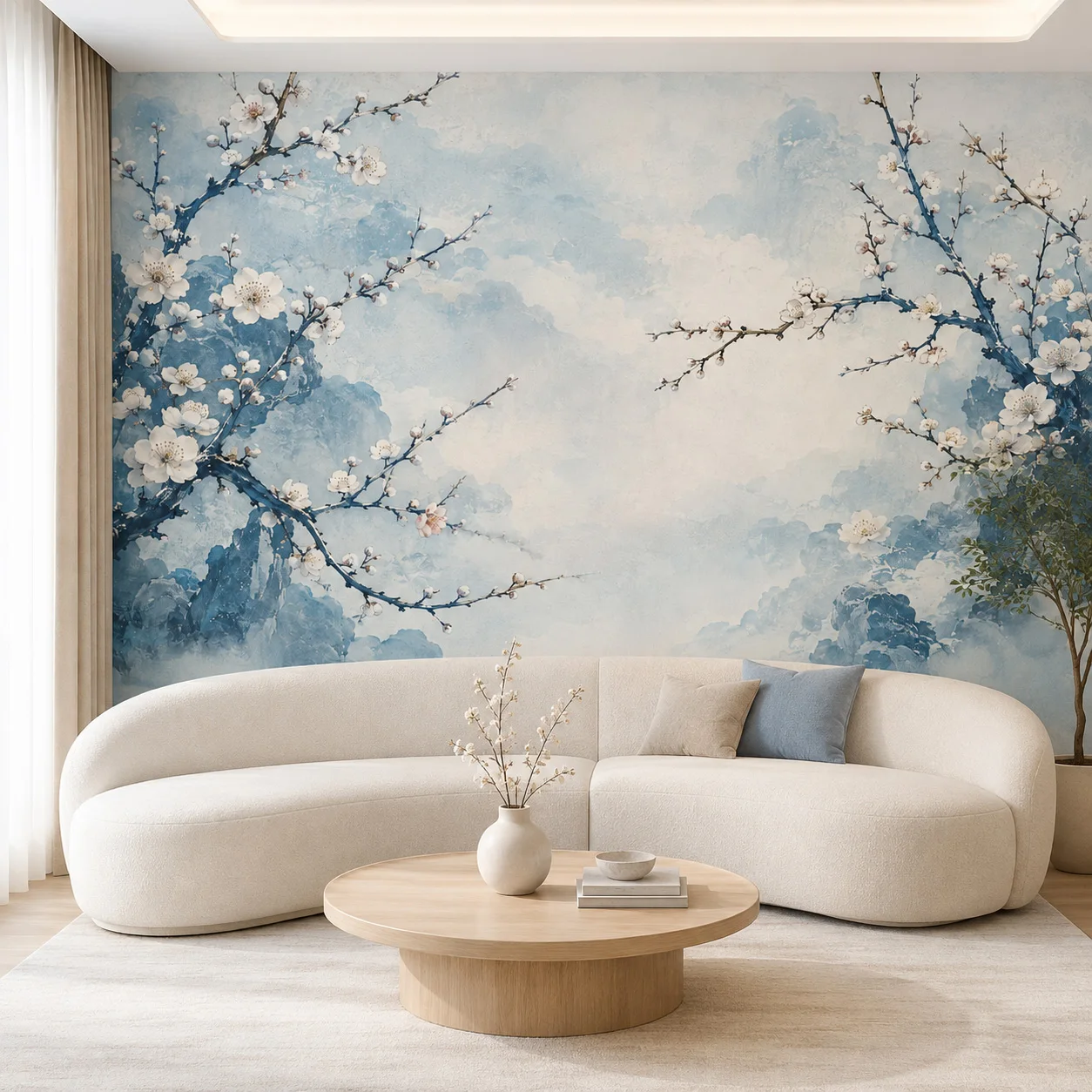 Blue Chinoiserie Cherry Blossom Wallpaper Mural Watercolor Floral Wall Decor Bedroom Living Room Non Self Adhesive Glue Required