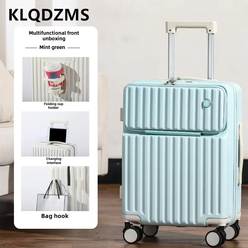 KLQDZMS 20"22"24"26Inch Laptop Suitcase Front Opening Boarding USB Charging Trolley Case Women with Wheels Rolling Luggage