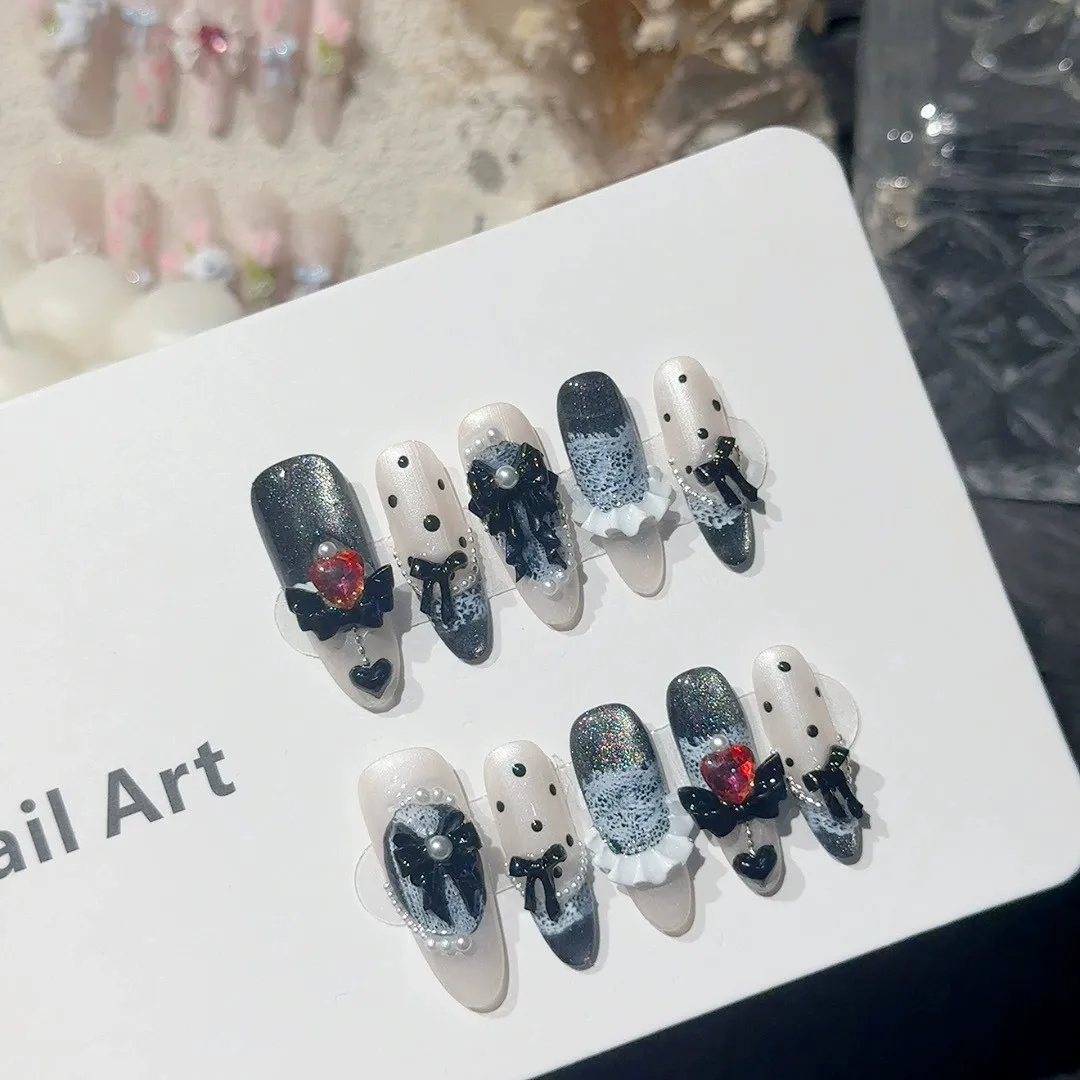 Halloween Black Aurora Cat's Eye False Nails Charming 3D Bow Decor Handmade Press On Nails Long Almond French Fake Nails 10pcs