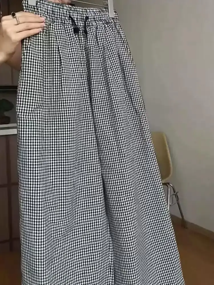 Grille pantalons décontractés femmes été nouvelle mode élastique taille haute jambe large élégant Tube droit