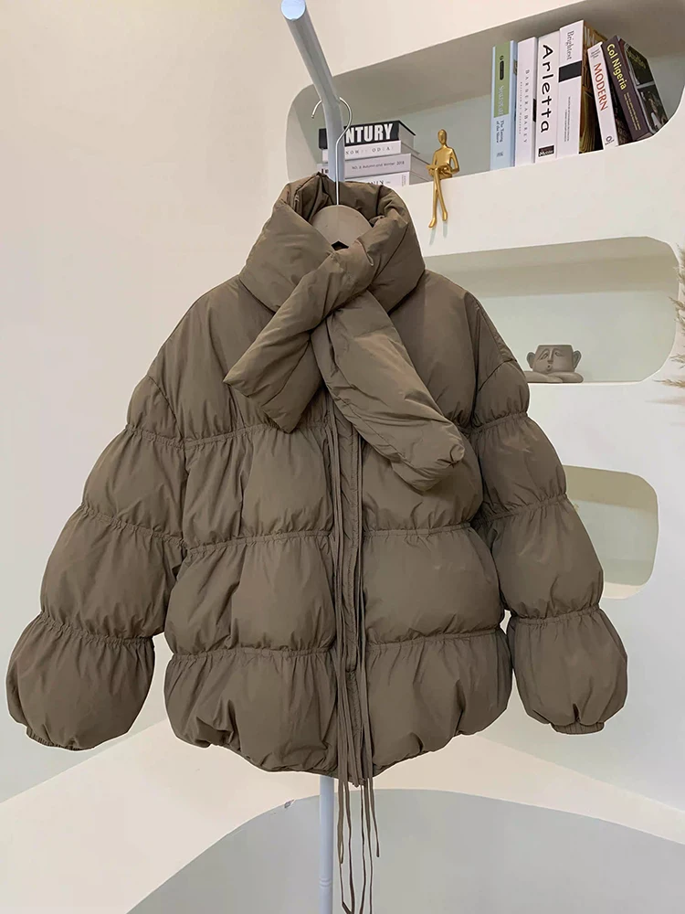 Winter Short with Scarf Lace Up Down Jacket Women White Duck Down Solid Drawstring Down Jacket Female Thick Warm Parker Outwears