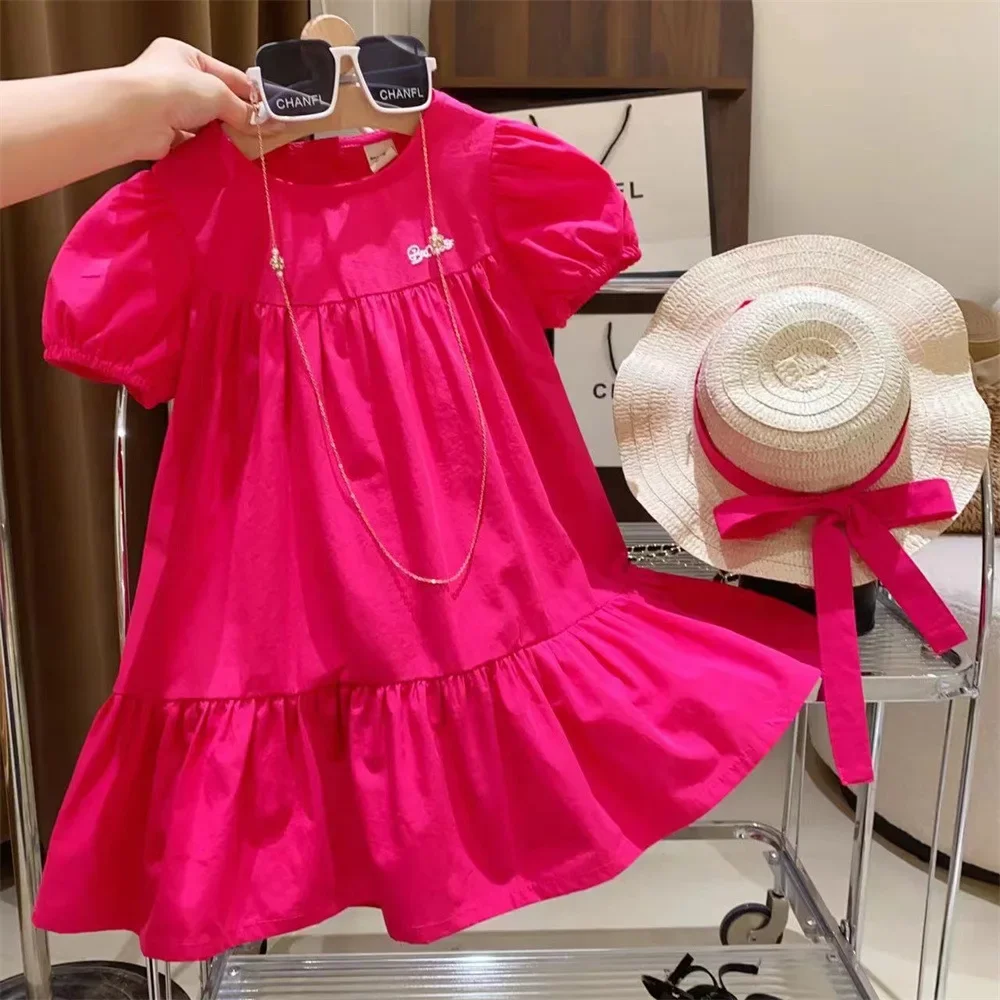 Bear Leader Korean Version Fashion Solid Color Girls Casual Dresses Short Sleeved Round Neck Patchwork Rose Red Princess Dress