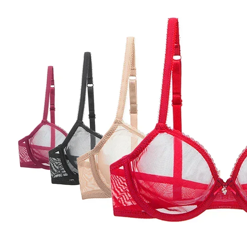 New Red Transparent Bras For Women Plus Size Sexy Lingerie Push Up Lace Mesh Girls Bra Top See Through White Black 40 42 A B C D image 2