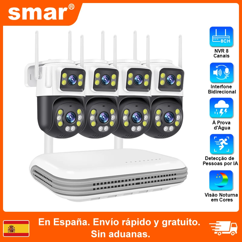 Smar Kit 4 Cámaras de Seguridad WiFi 6MP PTZ Doble Lente 8CH NVR Plug and Play Visión Nocturna a Color Audio Bidireccional Stock UE