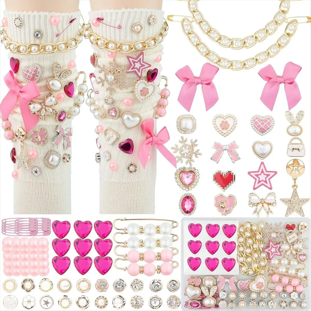 AT33 87 Pcs Junk Socks Charms Kit, Brooches and Pins for Women,Shoe Charms with Bows,Sneakers DIY Kit with Rhinestones Chains