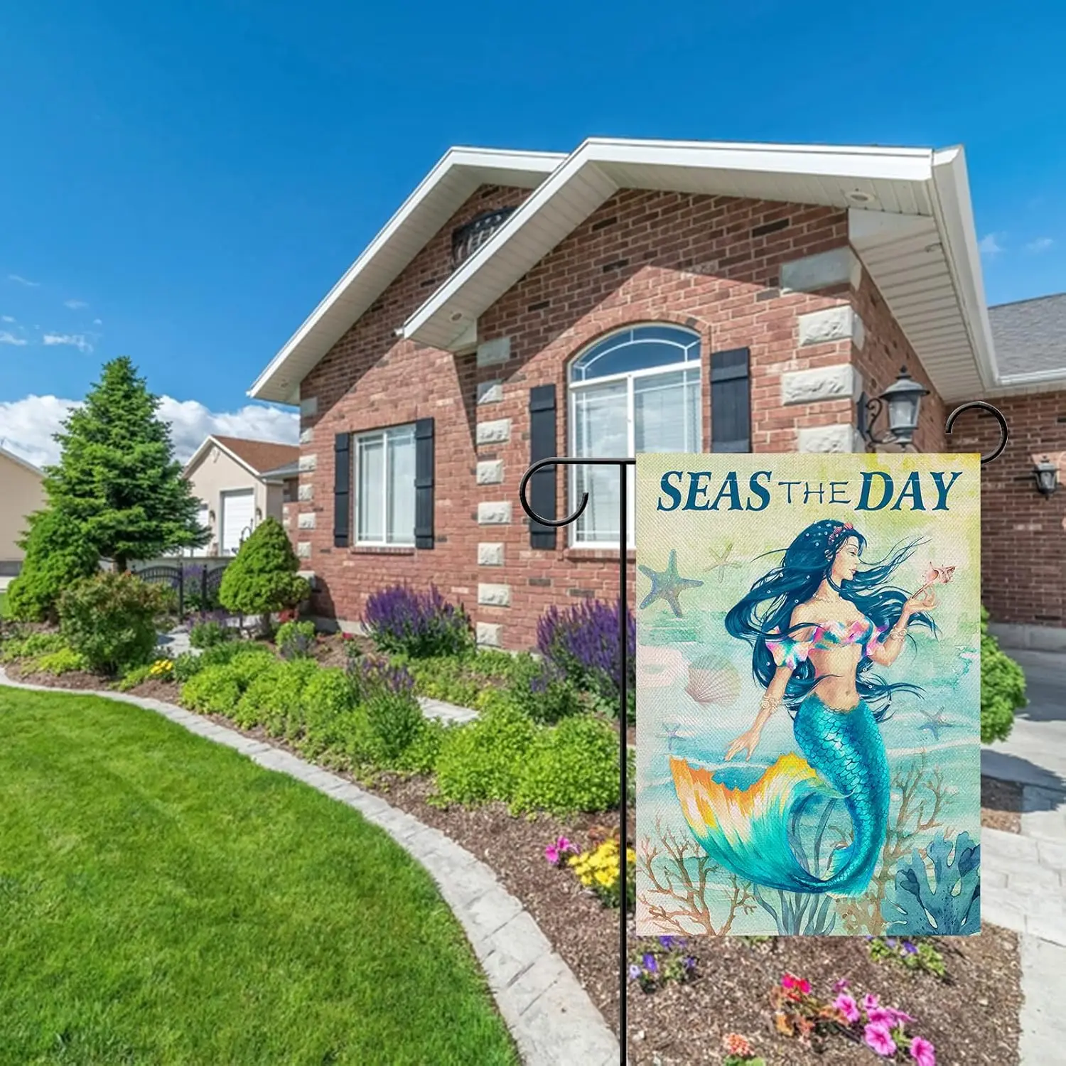 Artofy Seas the Day Spring Mermaid Nautical Home Decorative Garden Flag, Coastal House Yard Shell Starfish Coral Conch Outsi PPZ