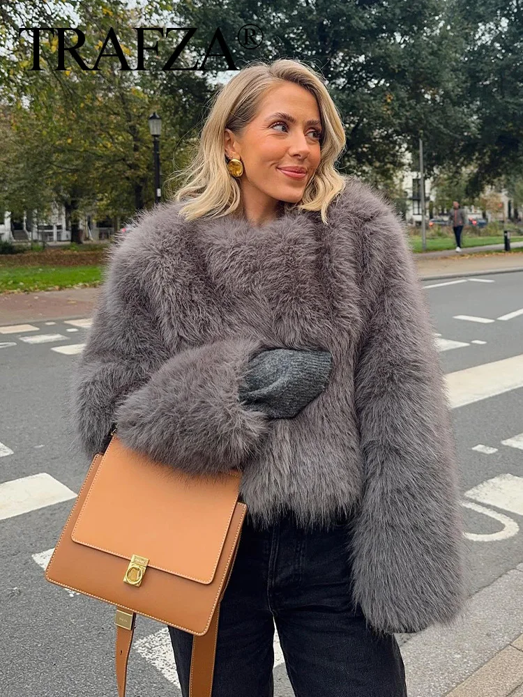 TRAFZA Women Winter Elegant Grey Faux Fur Effect Long Sleeve Cardigan Coat Women's Casual High Street O-Neck Short Coat Mujer