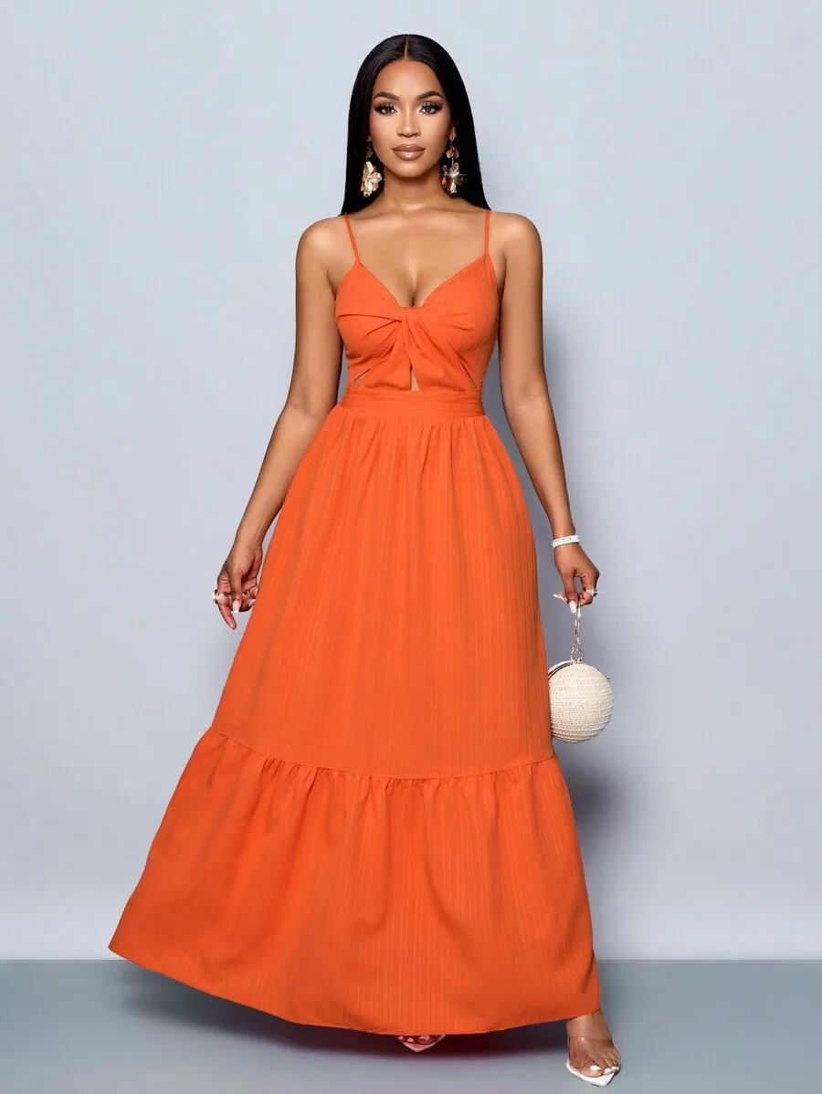 

Womens Orange V-Neck Pleated Backless A-Line Cami Maxi Dress For Spring Summer Beach Vacation