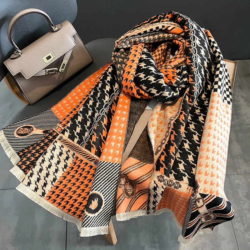 

Winter Cashmere Scarf Women Shawl Luxury Warm Houndstooth Print Thick Blanket Pashmina Neckchief Bufanda Design Echarpe Bandana