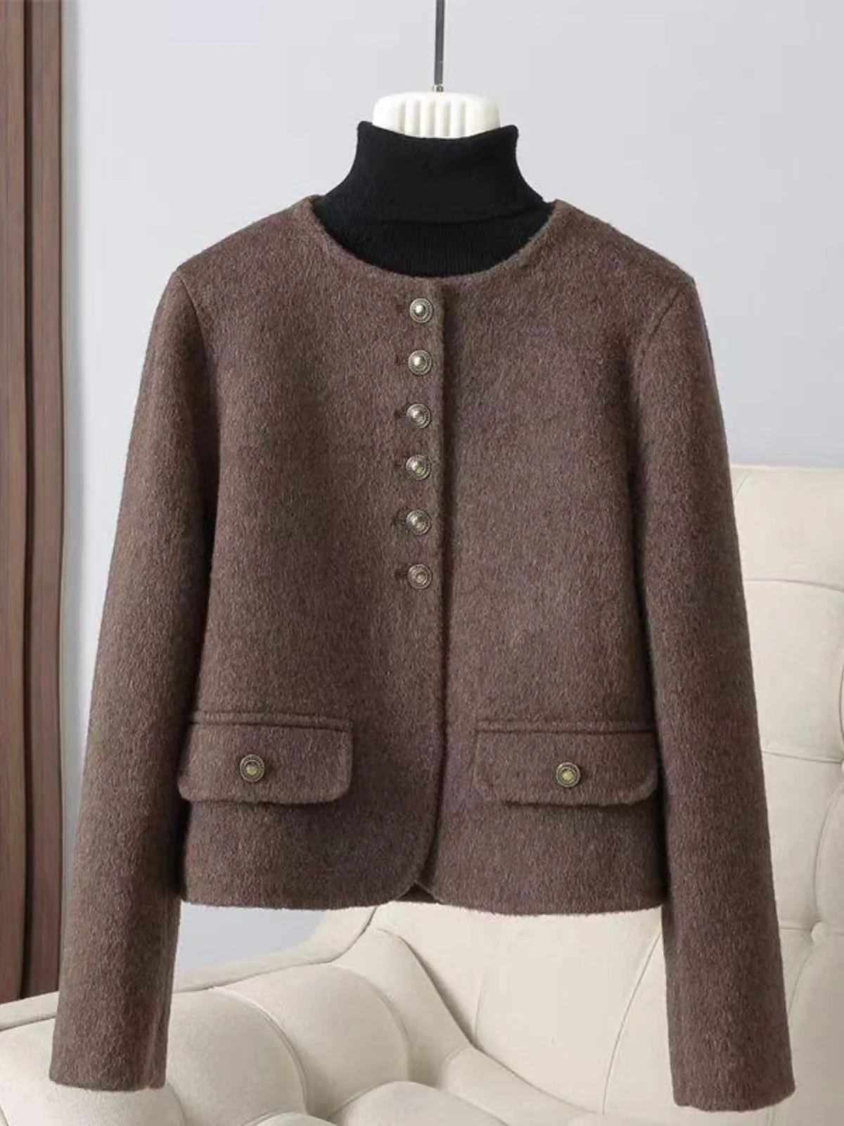 

Двустороннее пальто-кейп для женщин, приталенное, на одной пуговице, с круглым вырезом, укороченное, для повседневной носки, с длинными рукавами