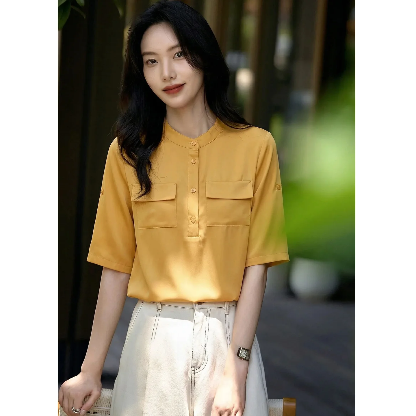 

Elegant Pure Color Short Sleeve Loose Women's Shirt Double Pocket Commute Slimming Top Fashionable Casual Summer Blouse