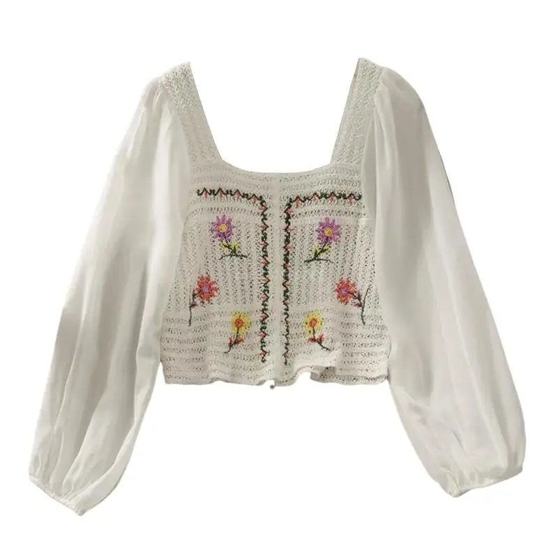 Women Sweet Chiffon Puff Long Sleeve Shirt Square Neck Floral Embroidery Crochet Knit Blouse French Style Retro Casual Loose