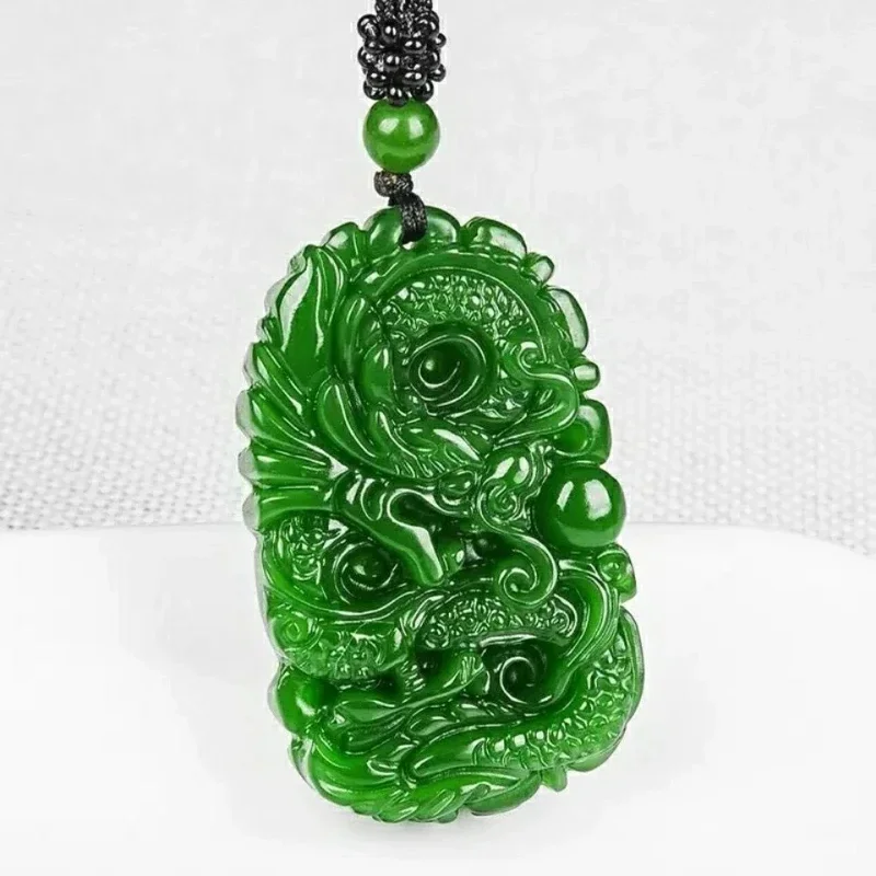 Natural Green Jade Dragon Pendant Necklace Jewellery Fashion Accessories Hand-Carved Man Luck Amulet Gifts Woman Sweater Chain