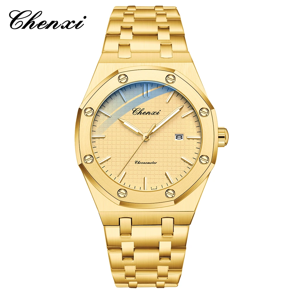 CHENXI ساعات يد رجال الأعمال باللون الذهبي والفضي، ساعات رجالية مضيئة مقاومة للماء، ساعة كوارتز للرجال