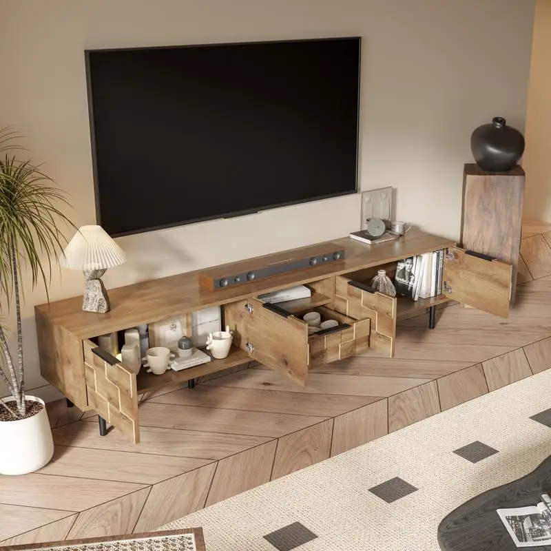 78인치 TV 스탠드 (85인치, 75인치, 65인치 TV용), 거실 엔터테인먼트 센터용 수납 공간이 있는 목재 미디어 콘솔