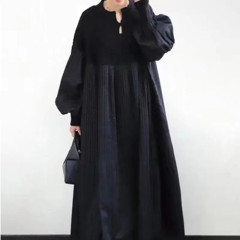 Casual Large Size Diamond Pattern Sweater Dr Lantern Sve Long Autumn Winter Vintage Pleated A-Line Midi Dr