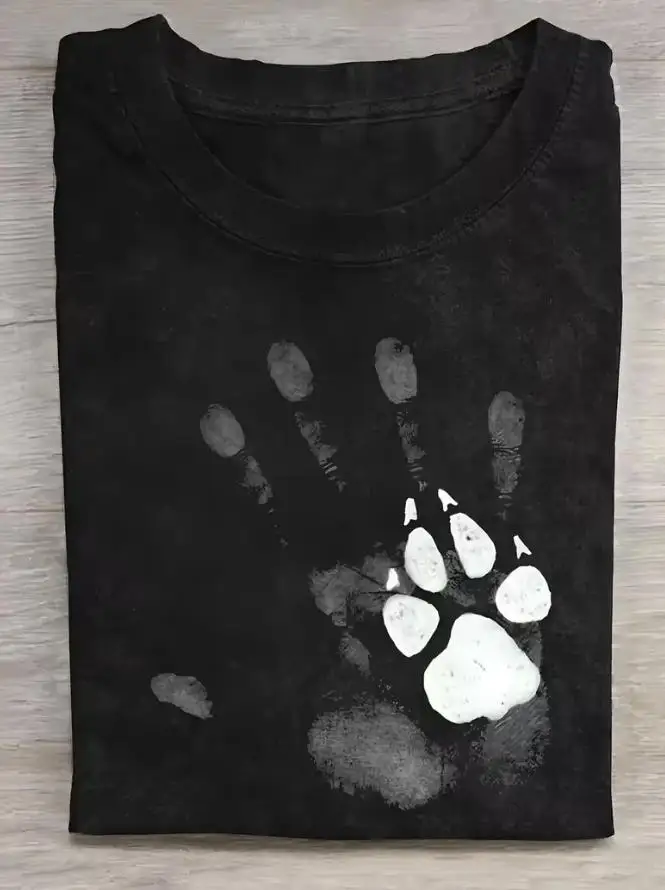 Vintage Handprint Dog Paw T Shirt Men Casual Dog Dad Gift Graphic Tees Summer Cotton Short Sleeve Minimalist Pet Lover Streetwear Tops Plus Size
