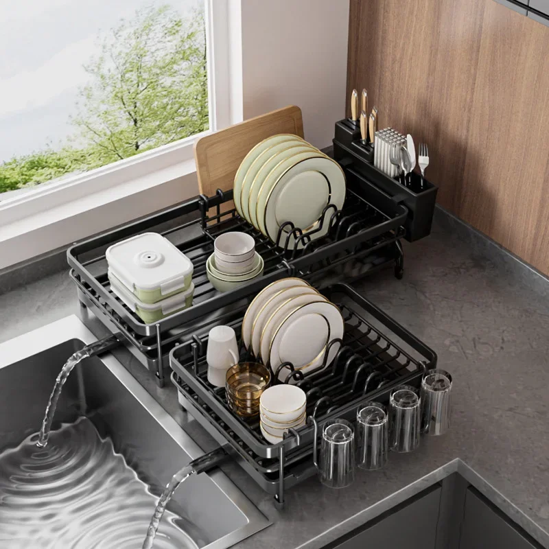Retractable Dish Drainer Kitchen Storage Organization Sink Dish Rack with Tray Plate Bowl Cup Kitchenware Tableware Drainer Rack