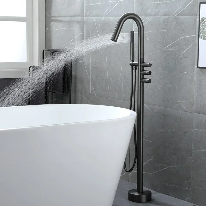 Solid Bras Gun Gray Floor Stand Bathtub Faucet Shower Mixing Water  Double/Triple Handle Tub Mixer