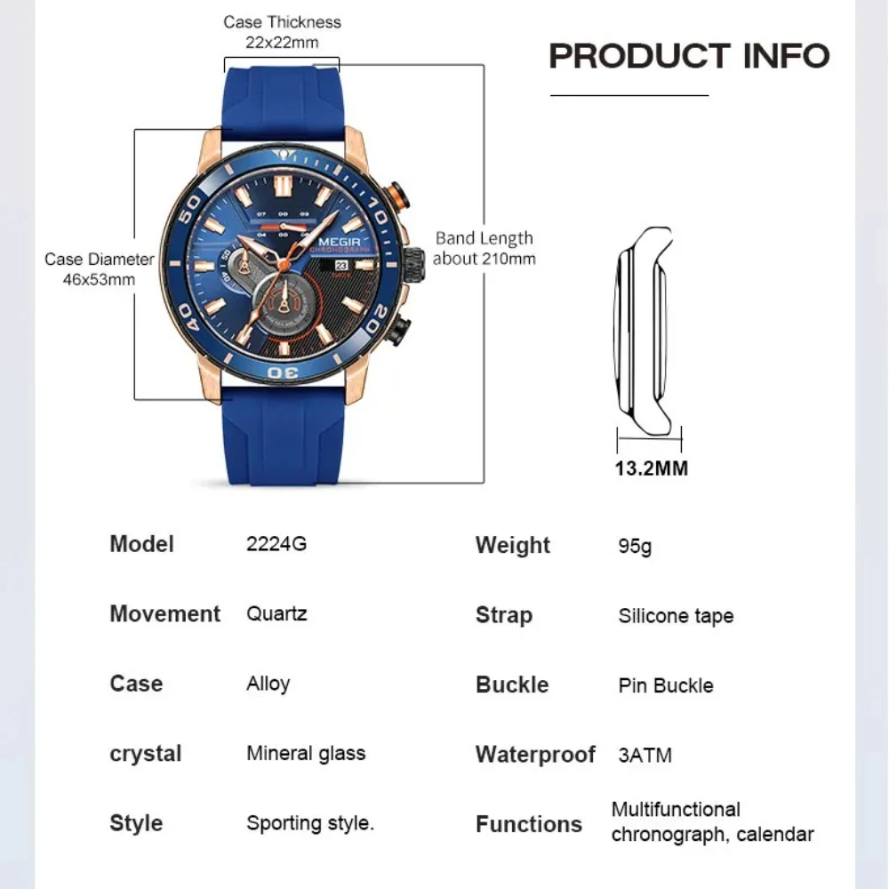MEGIR 2224 Men's Quartz Watch Sport Fashion Creative Waterproof Silicone Strap Chronograph Night Light Date Watches for Man