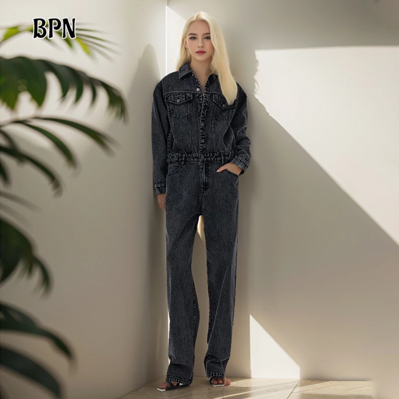 

BPN Solid Spliced Pockets Casual Jumpsuits For Women Lapel Long Sleeve High Waist Minimalist Loose Jumpsuit Female Fashion New