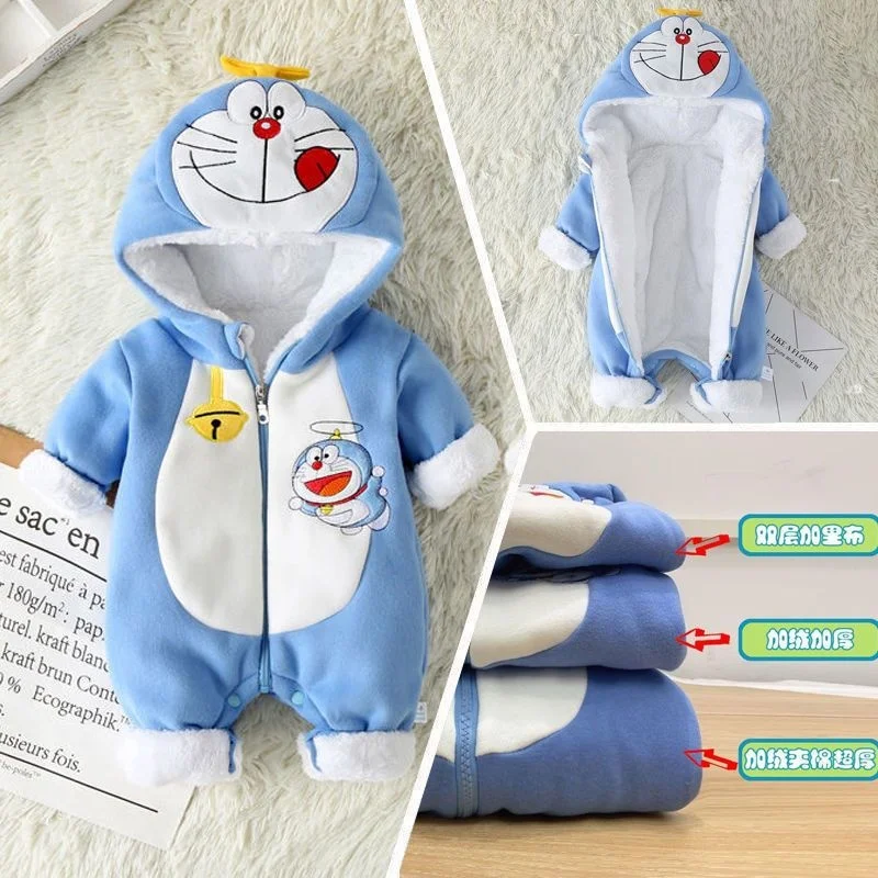 Newborn Baby Boy Girl Doraemon Pooh Bear Clothing Animal Cartoon Hooded Jumpsuits Winter Baby Pajamas Onesies Kids Sleepwear