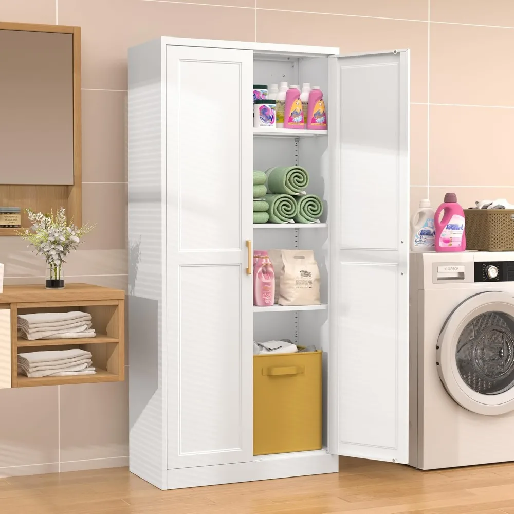 71 خزانة تخزين مخزن المطبخ، خزانة تخزين طويلة بيضاء مع أبواب ورفوف، خزائن مخزن طعام معدنية لمخزون المطبخ #6