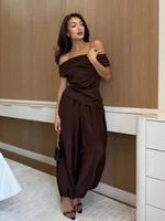 Solid One Shoulder Top Lantern Pants Set Women Chic Cotton Linen T-Shirt Wide-Leg