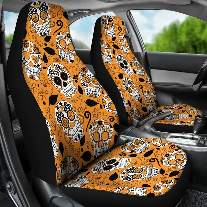 Set Of 2 Orange Sugar Skull Universal Front Covers For Protection And Decoration