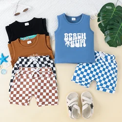 2PCS 0-4 Years Old Fashion Trend Comfortable Children Summer Style Printed Vest + Plaid Shorts Three-Dimensional Pattern