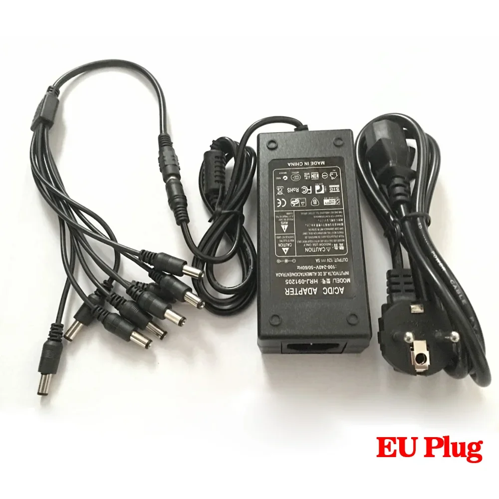 Fonte de alimentação 12V 5A 8CH Caixa de alimentação para câmera CCTV 8 portas DC + Pigtail COAT Adaptador de alimentação DC 12V