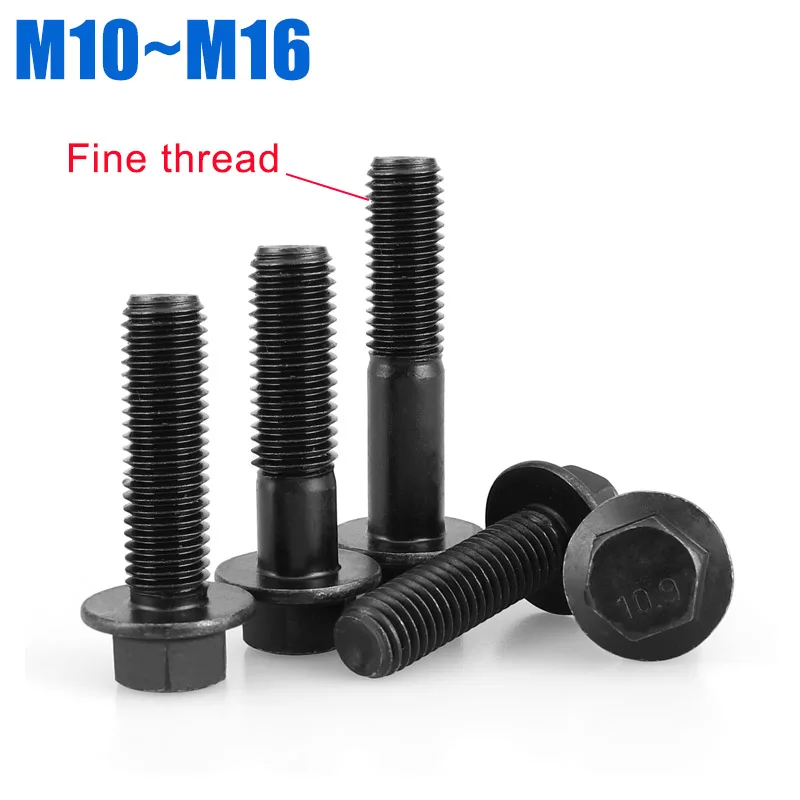 1pc M10M12M14M16  Grade 10.9 Black Carbon Steel Hexagon Head Flange Cap Screw Fine Thread Pitch 1.25mm1.5mm Hex Washer Head Bolt