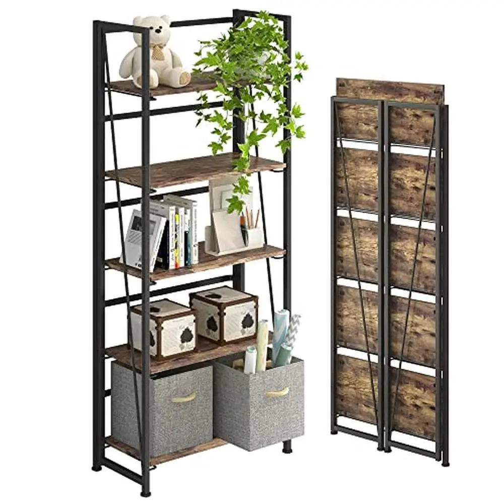 Rustikaler brauner Metall holz faltbarer 5-stufiger Bücherregal-Organizer 23,6x11,6x62,2