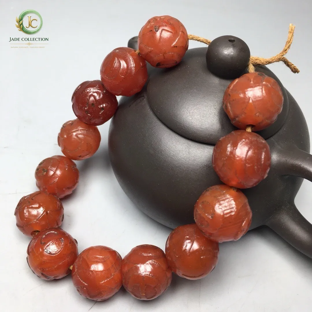 Tibetan Natural Red Old Agate Dzi Carved Sun Moon Star Beads Bracelet S0618