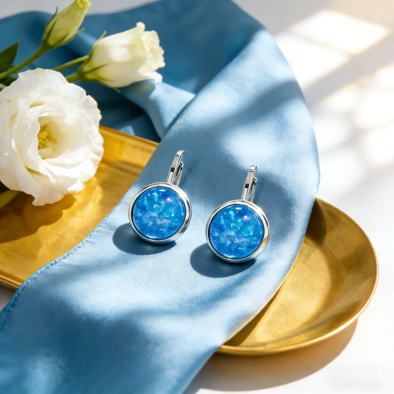 Unique Blue Opal Leverback Earrings,White K Plated Round Statement Earrings Minimalist Elegant Jewelry for Daily Casual Outfits