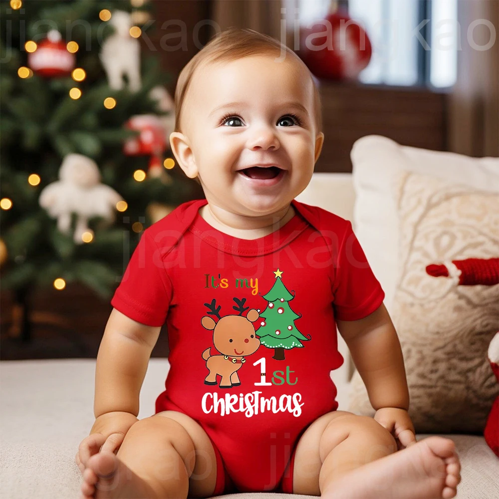 It\'s My 1st Christmas Print Baby Bodysuit Infant Xmas Outfit Romper Newborn Cotton Short Sleeve Jumpsuit Toddler Baptism Clothes