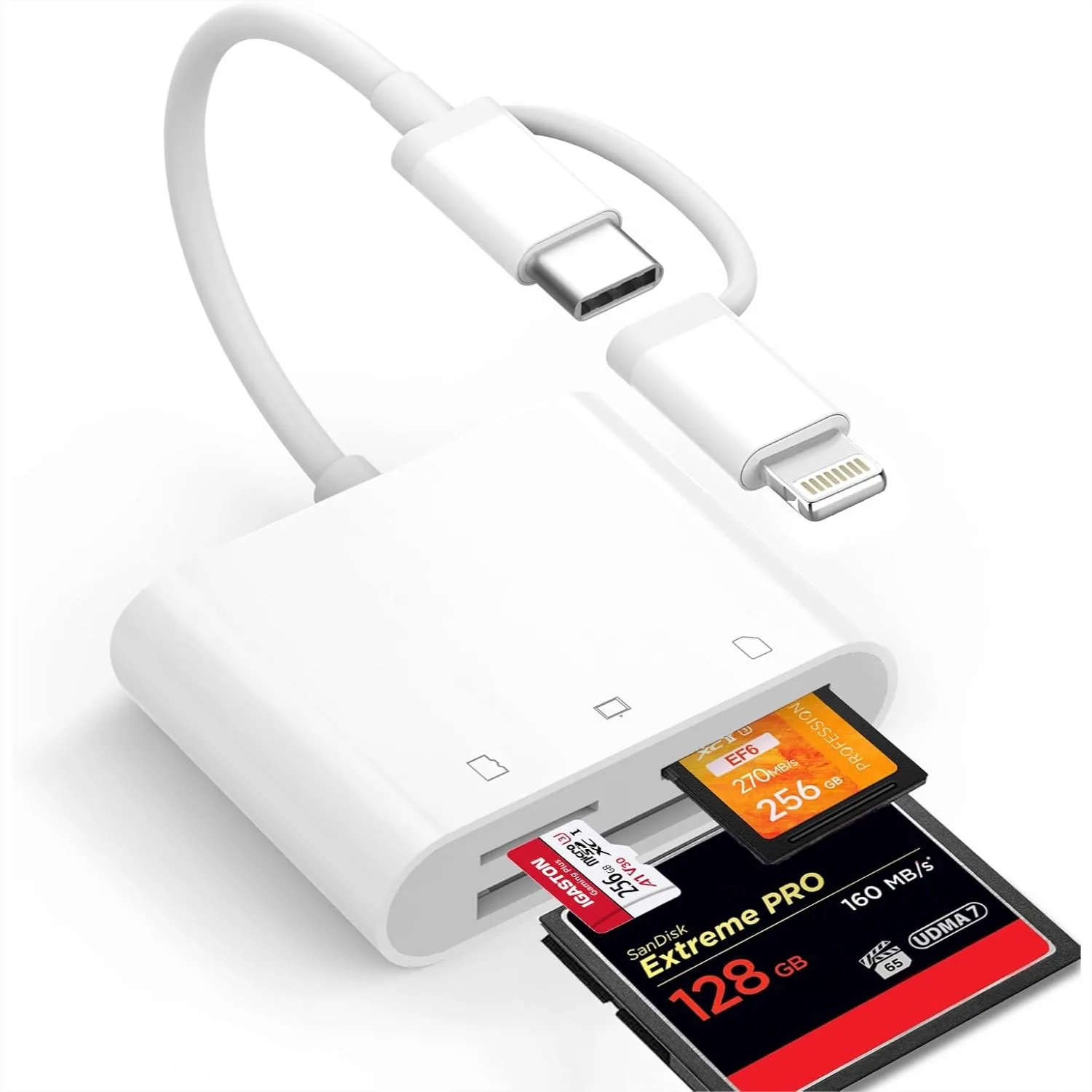 CF SD Card Reader for iPhone iPad Mac, Dual Connector Lightning & USB C, 3-in-1 Memory Card Adapter with Compact Flash SD