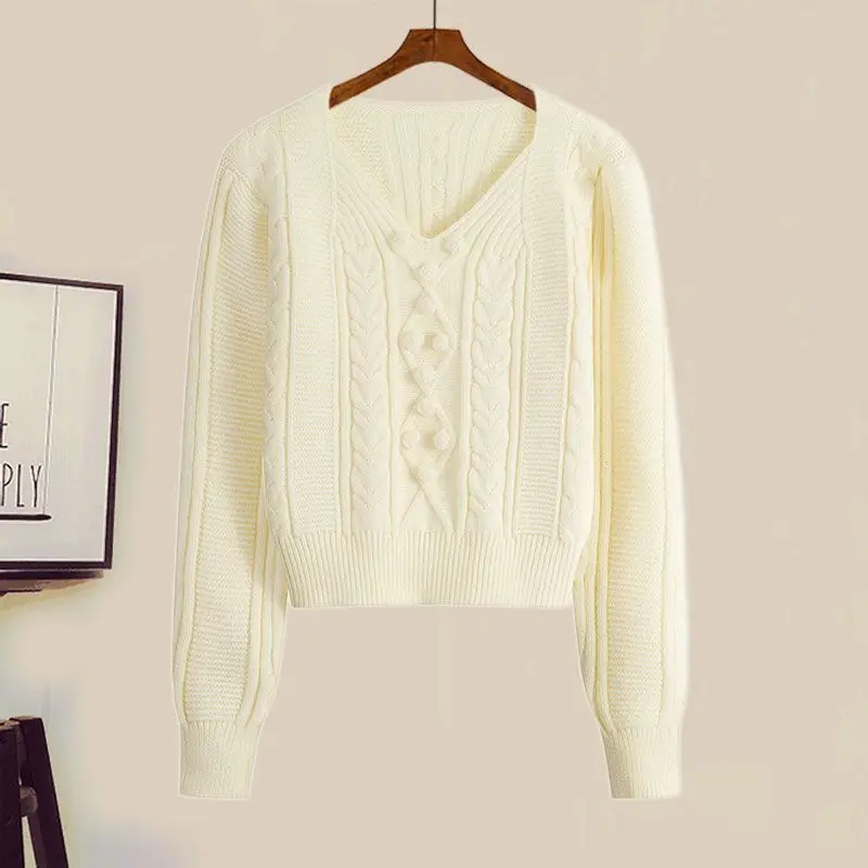 Spring Autumn Outfits Women's 2023 New Korean Fashion Versatile V-Neck Knitted Sweater Pleated Half Skirt Two Piece Set